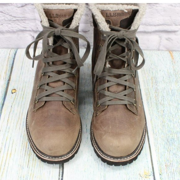 LL Bean Brown Leather Lace Up Rugged Fleece Lined Ankle Winter Boots Size 8.5 - Picture 5 of 9
